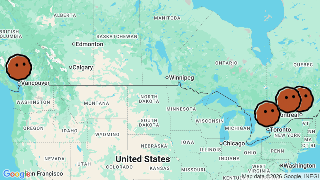 A map of 5 places in Listening Bars in Canada