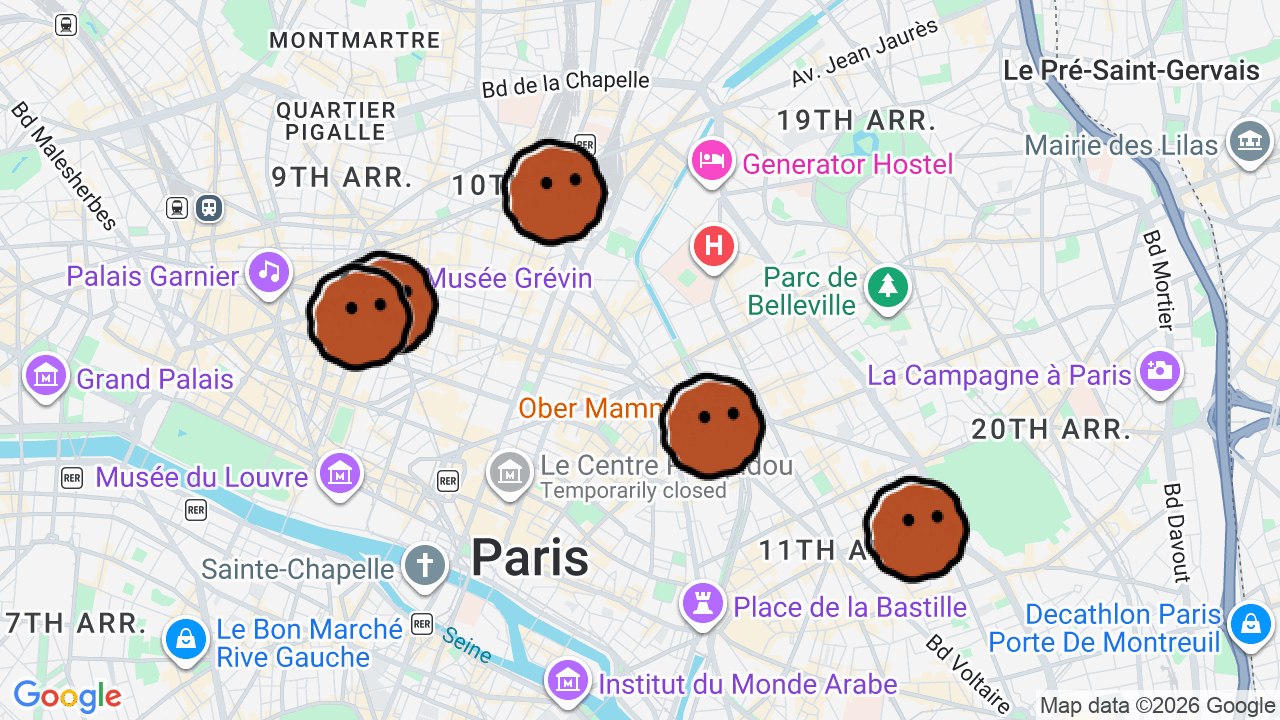 A map of 5 places in Listening Bars in France