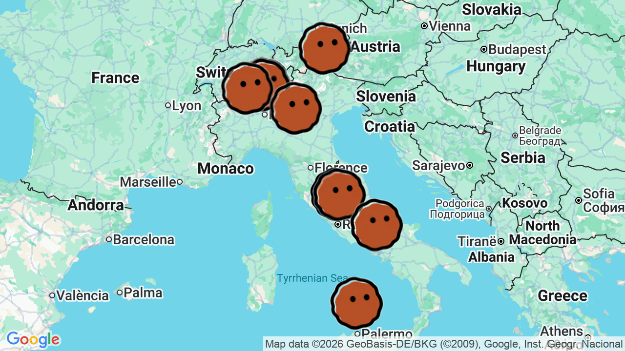 A map of 13 places in Listening Bars in Italy