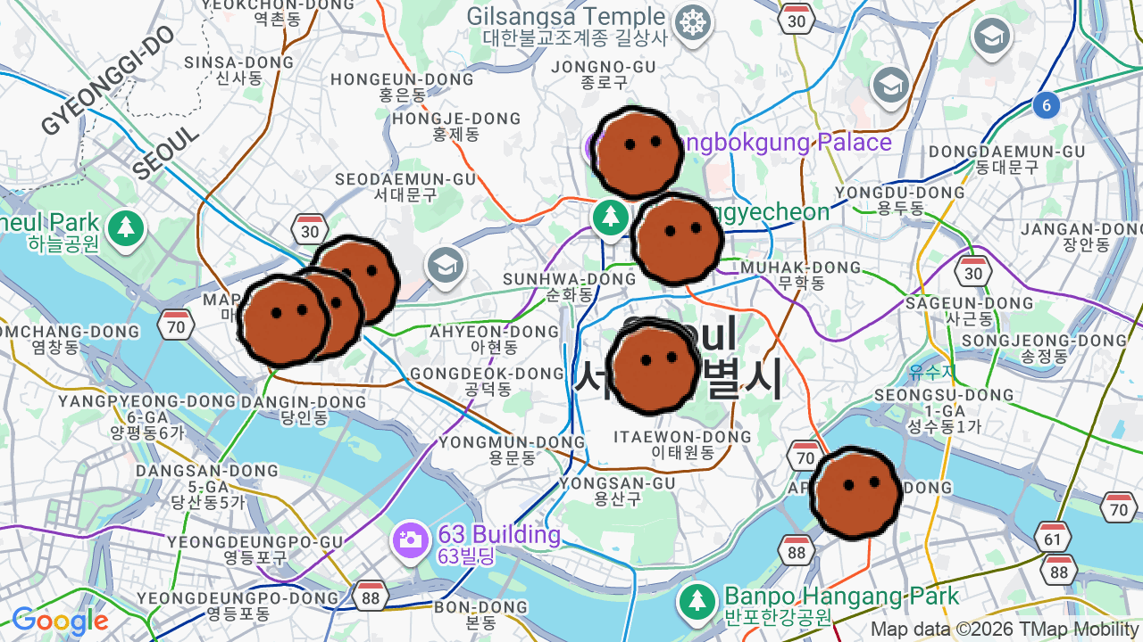 A map of 8 places in Listening Bars in South Korea