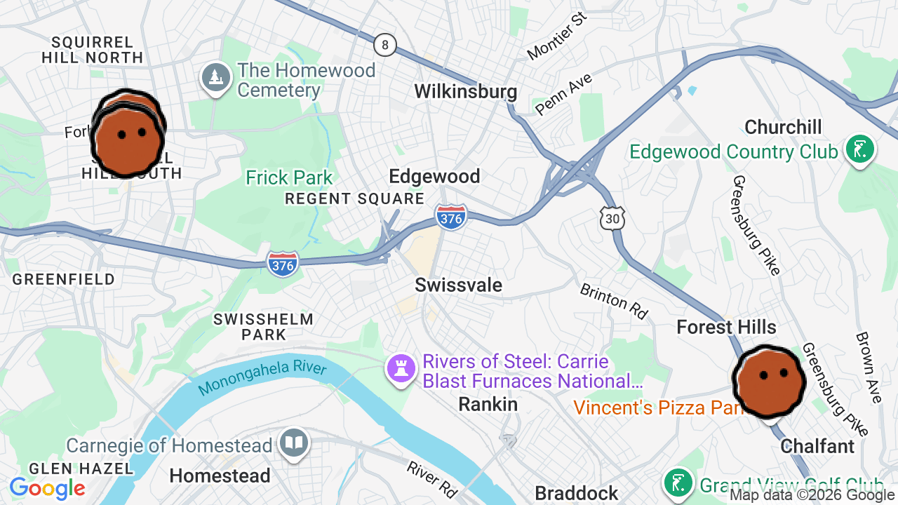 A map of 4 places in Pittsburgh Pizza