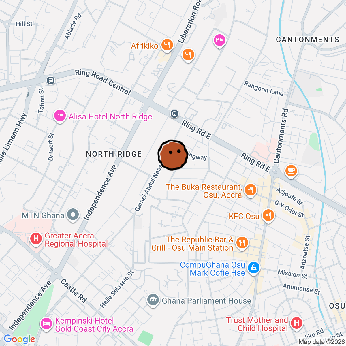 A map showing where RITUAL - Cafe, Cocktail and Listening Bar is in Accra