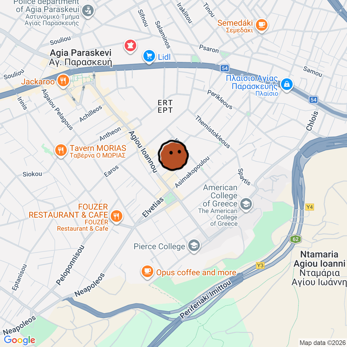 A map showing where Finos Audiophile Bar is in Ag. Paraskevi