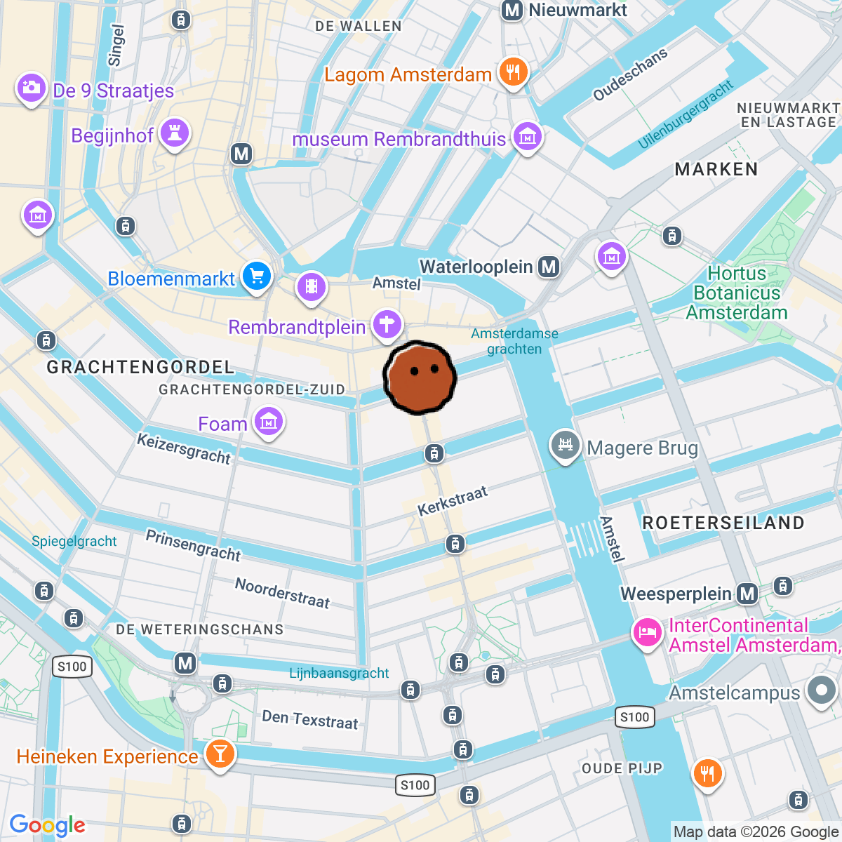 A map showing where CUE- Bar Restaurant Amsterdam is in Amsterdam