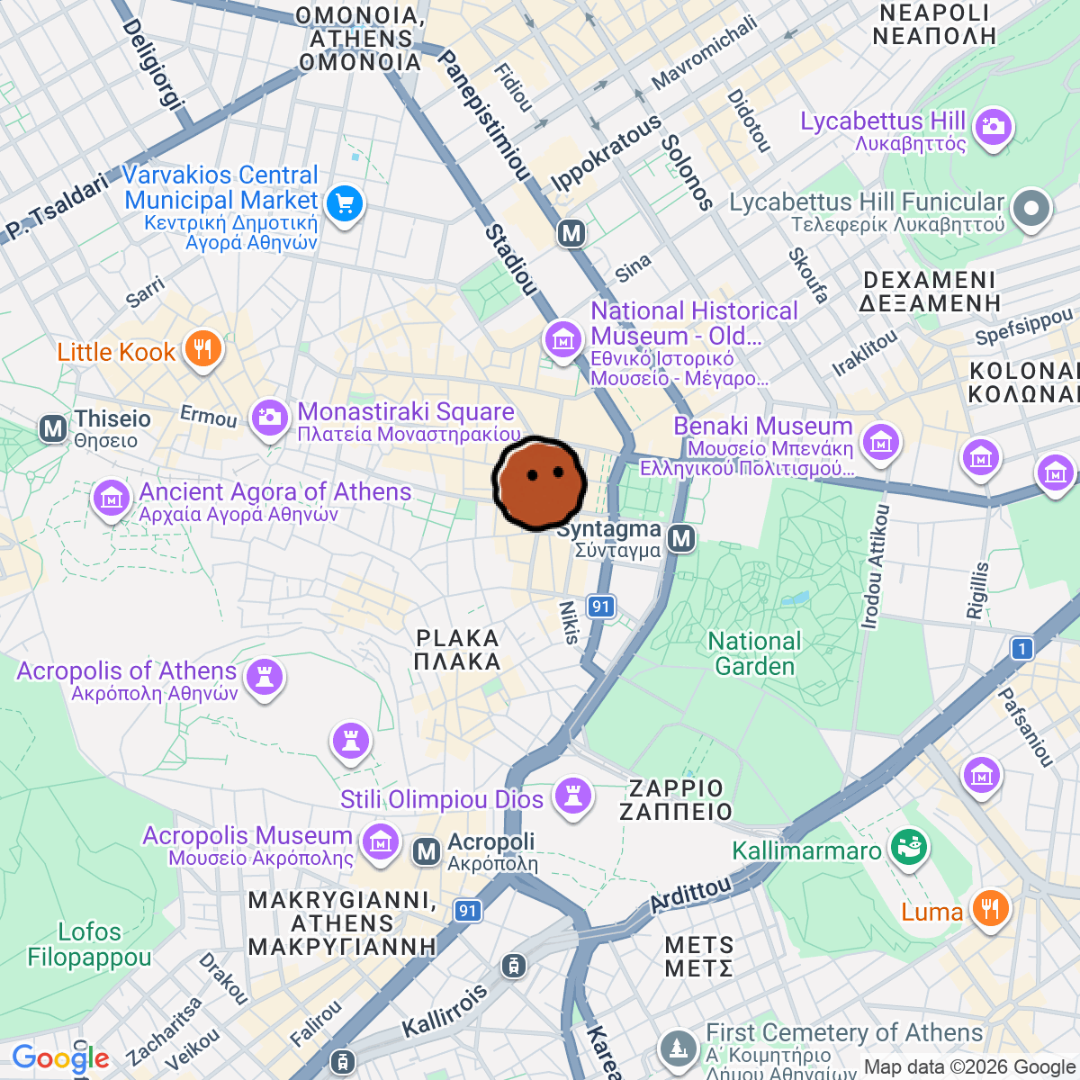 A map showing where Birdman Japanese Bar + Grill is in Athina