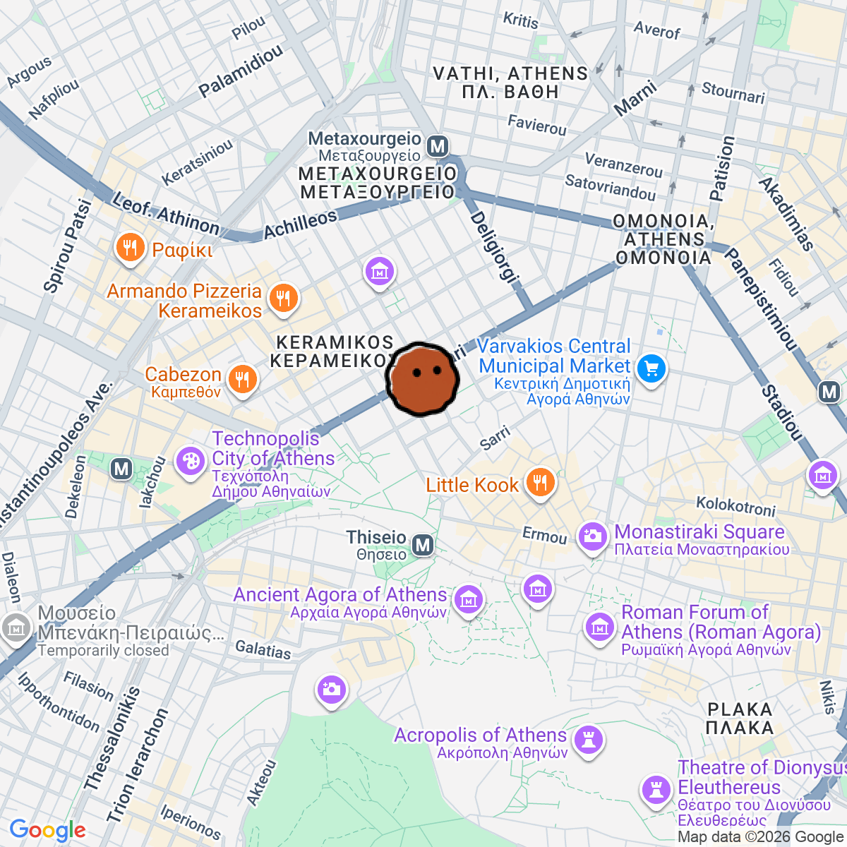 A map showing where Okupa Kitchen & Listening Bar is in Athina