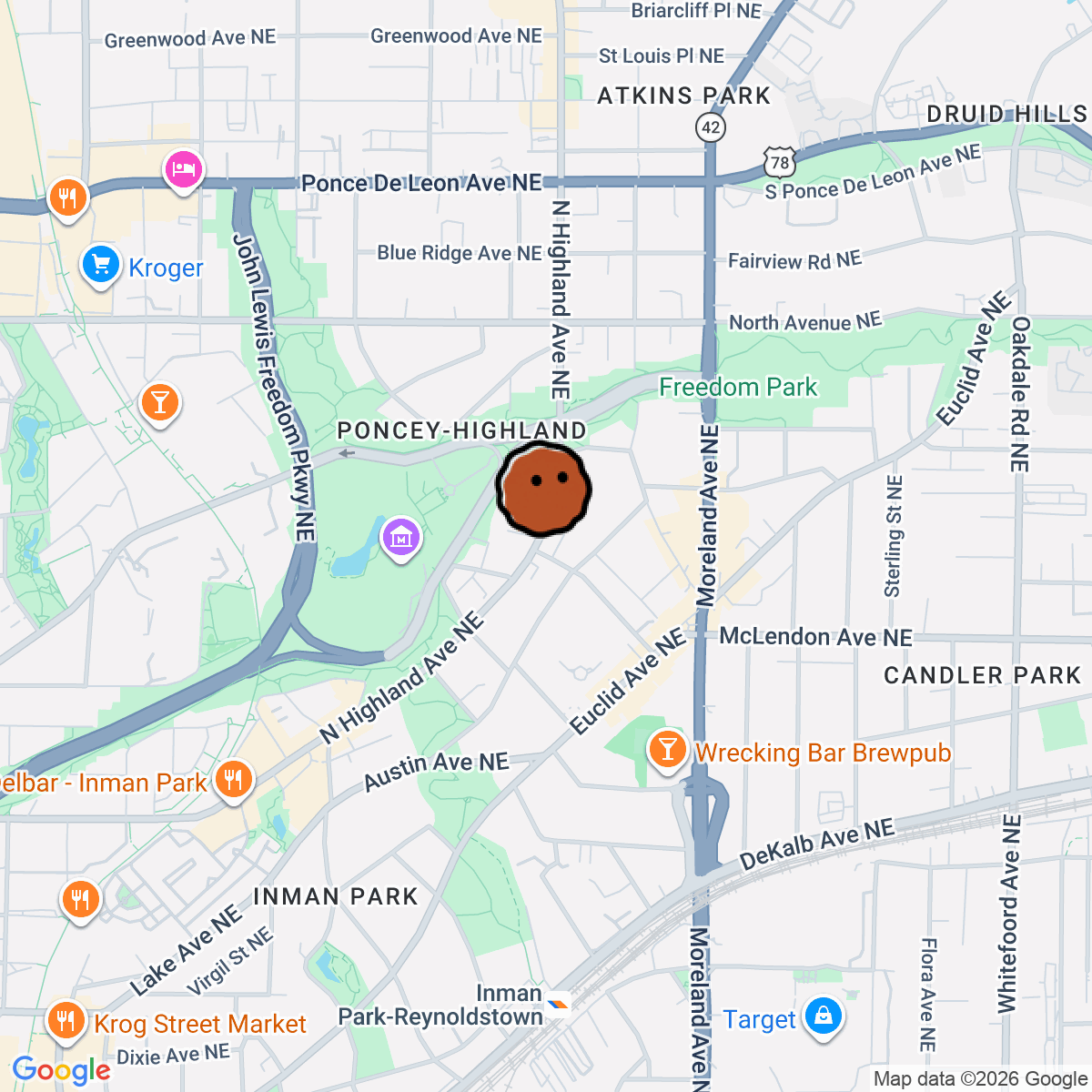 A map showing where Amore e Amore is in Atlanta