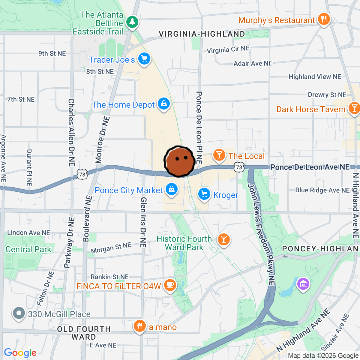 A map showing where Atrium - American Bistro & Martini Bar is in Atlanta