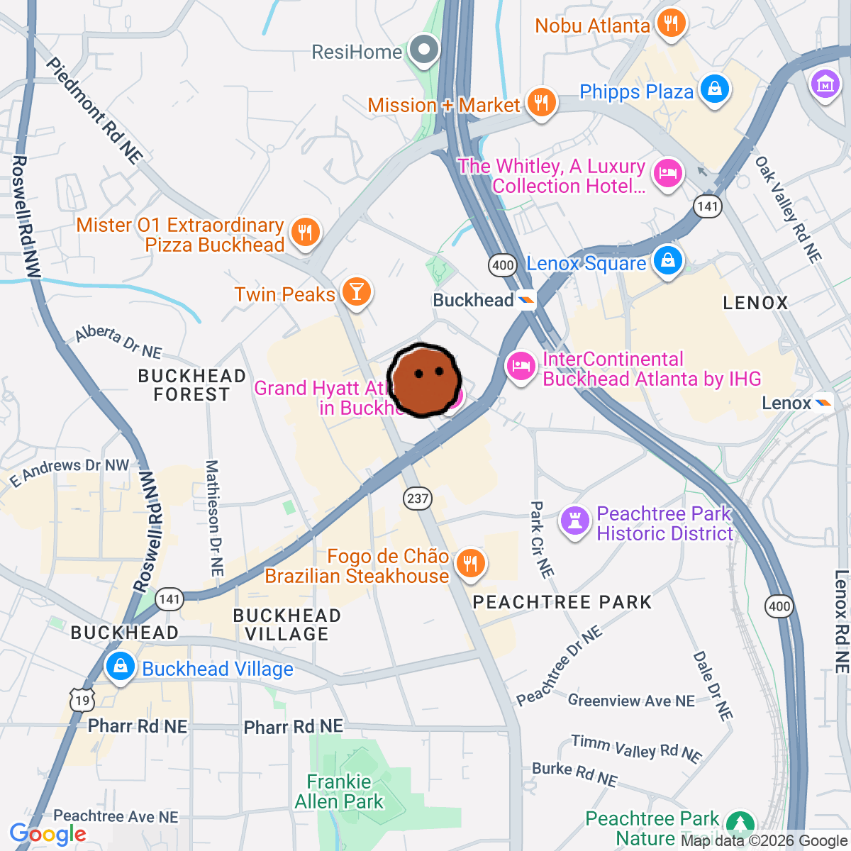 A map showing where Blue Donkey Coffee is in Atlanta