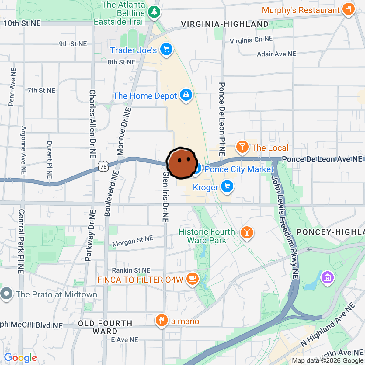 A map showing where Buck Mason is in Atlanta