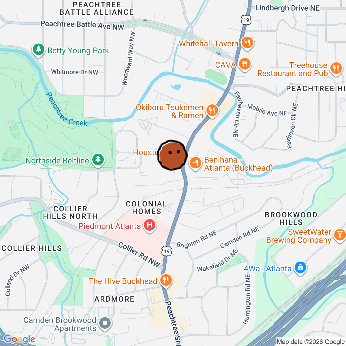 A map showing where Cafe Sunflower Buckhead is in Atlanta