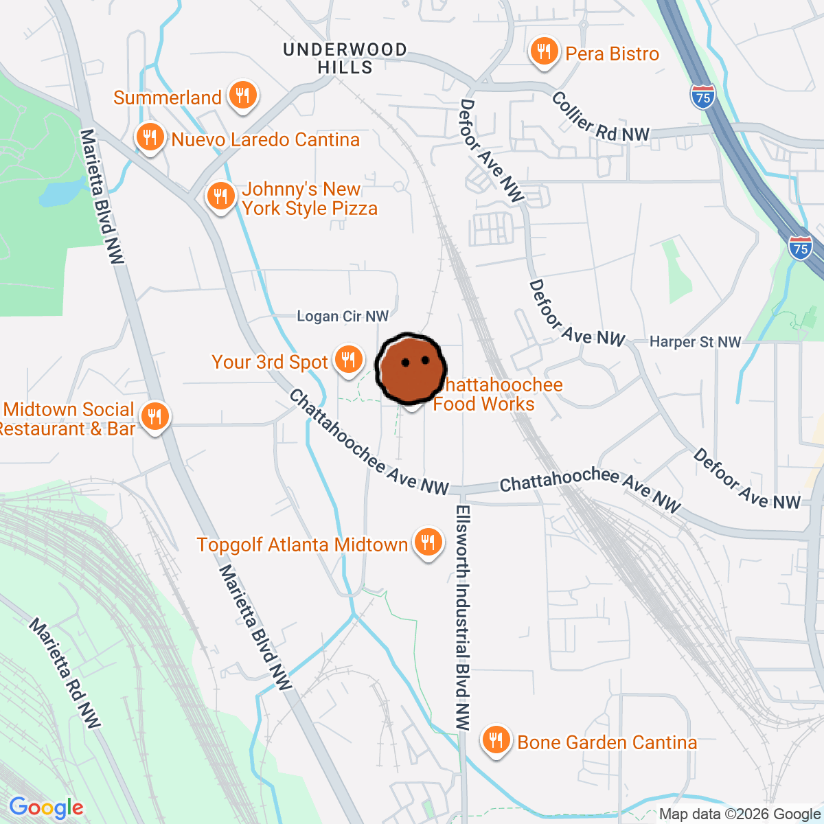 A map showing where Chattahoochee Food Works is in Atlanta