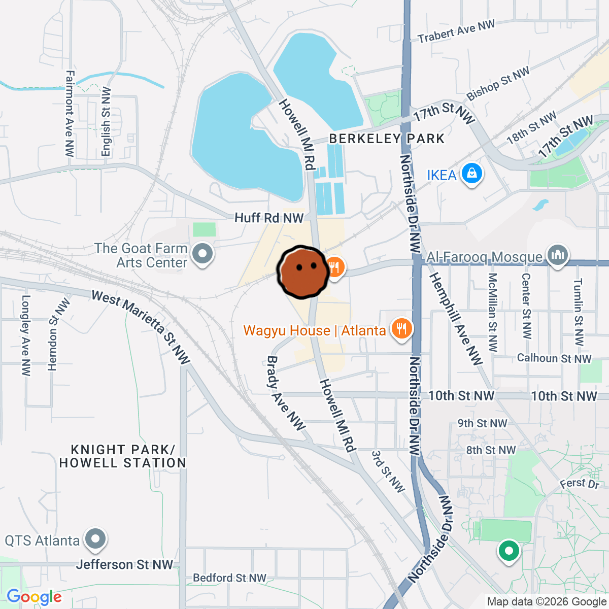 A map showing where E+ROSE Wellness Cafe - Westside Provisions Atlanta is in Atlanta