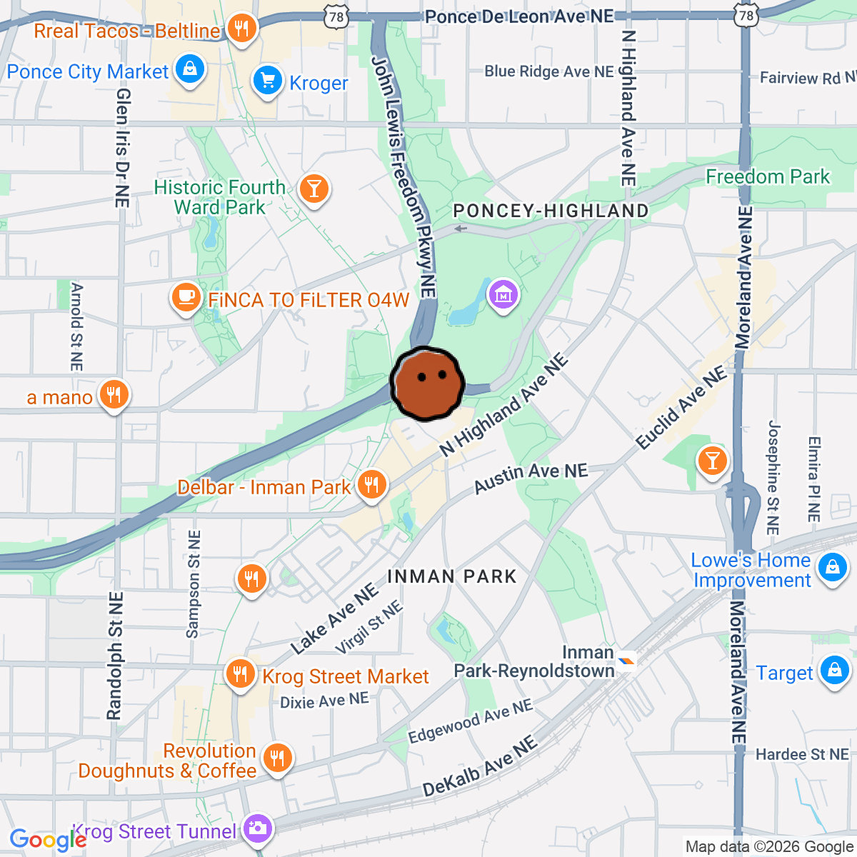 A map showing where Harbor Coffee is in Atlanta