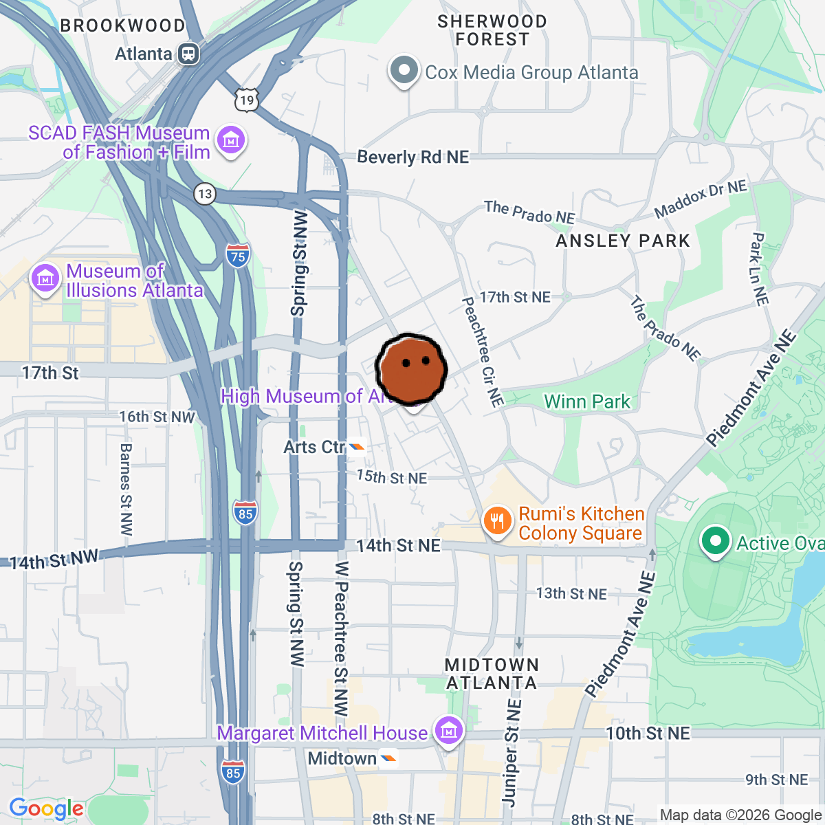 A map showing where High Museum of Art is in Atlanta