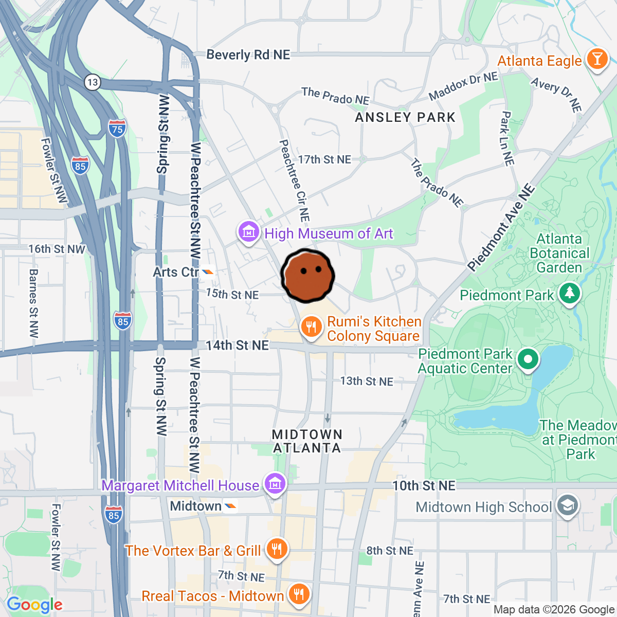 A map showing where Holeman and Finch is in Atlanta