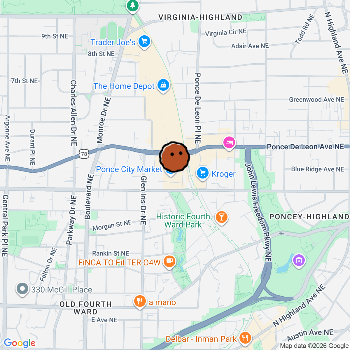 A map showing where It's Especially Lucky is in Atlanta