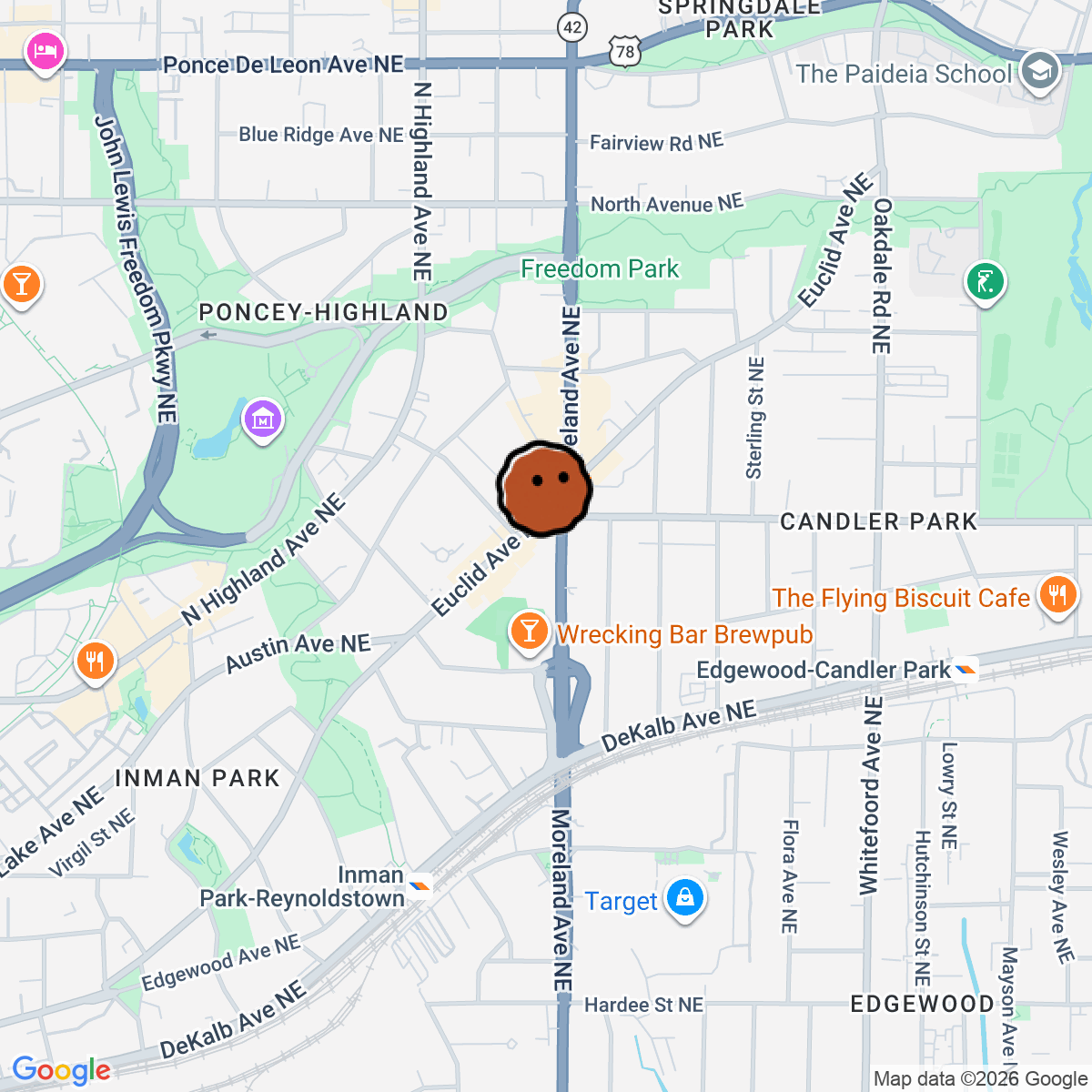 A map showing where Little Five Points is in Atlanta