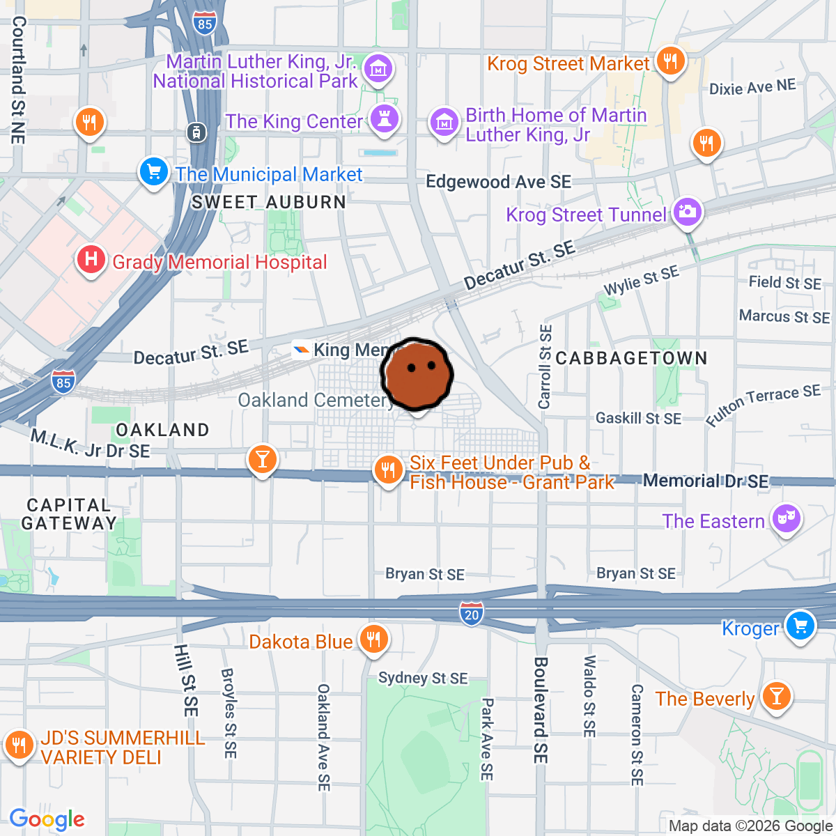 A map showing where Oakland Cemetery is in Atlanta