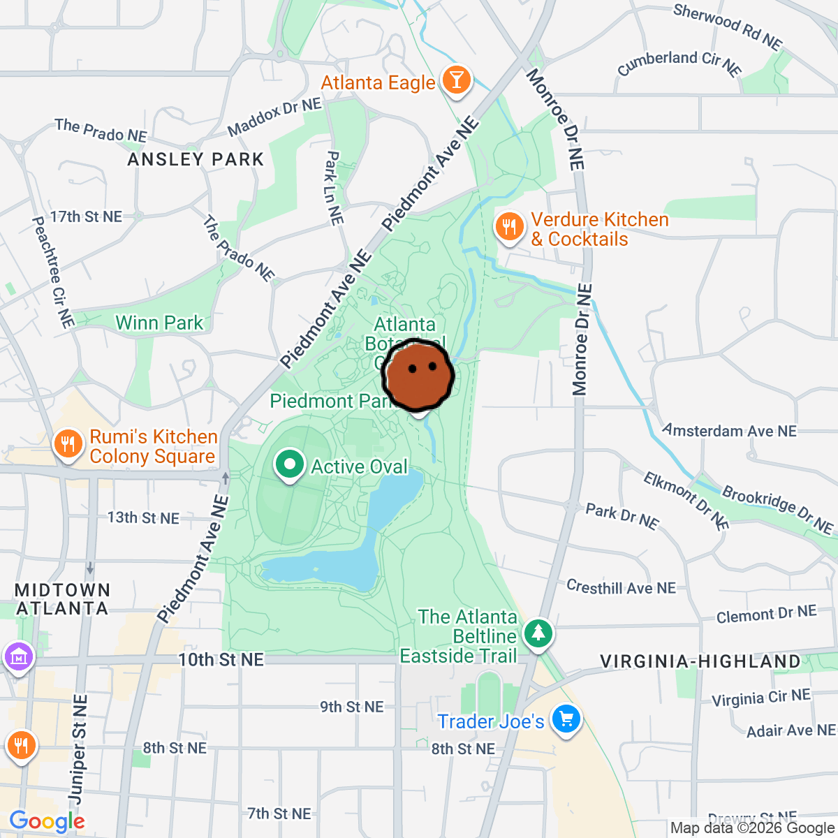 A map showing where Piedmont Park is in Atlanta