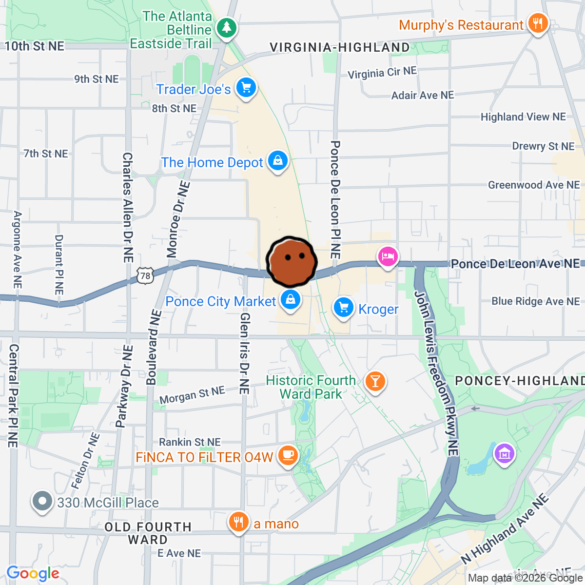 A map showing where Ponce City Market is in Atlanta