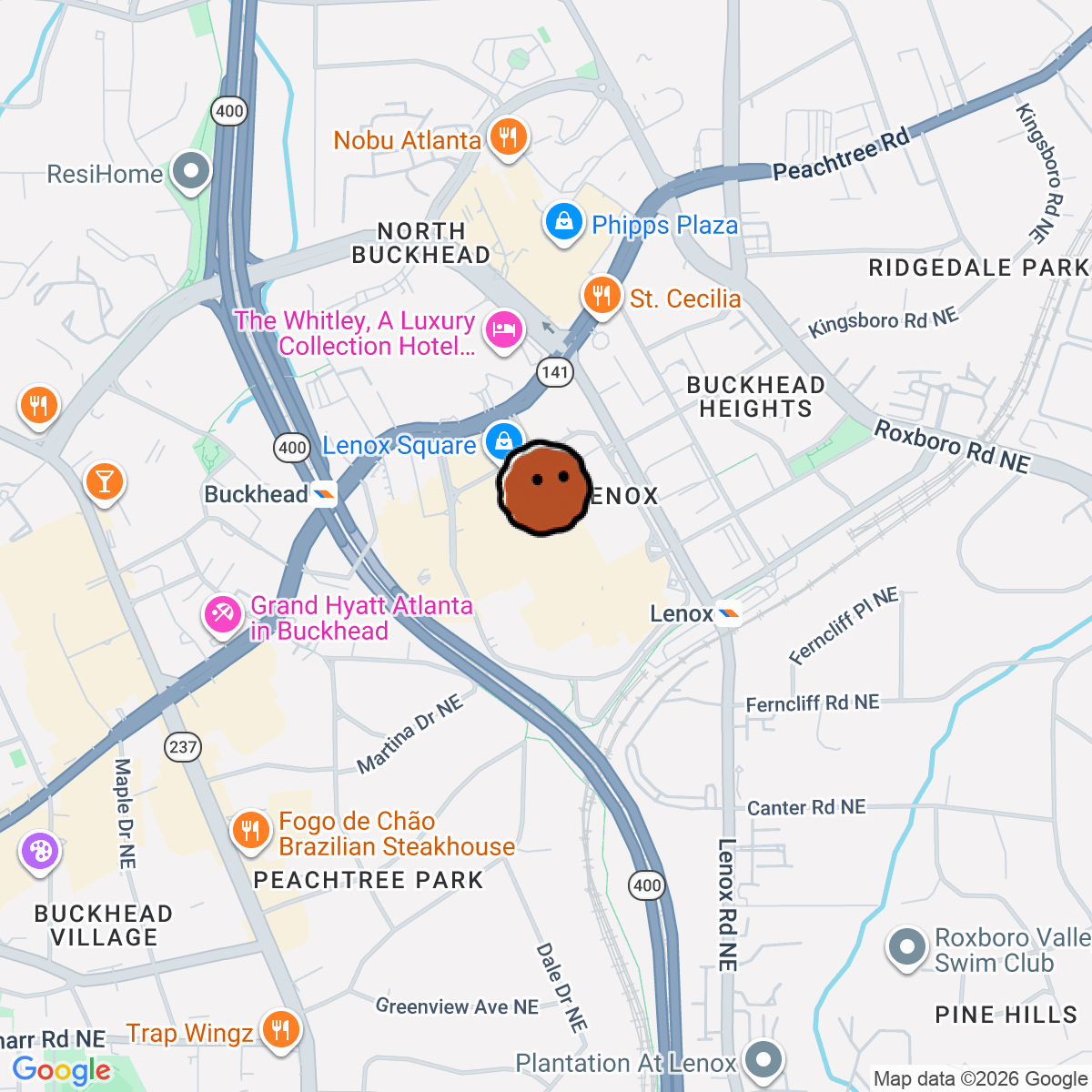 A map showing where Ralph Lauren is in Atlanta