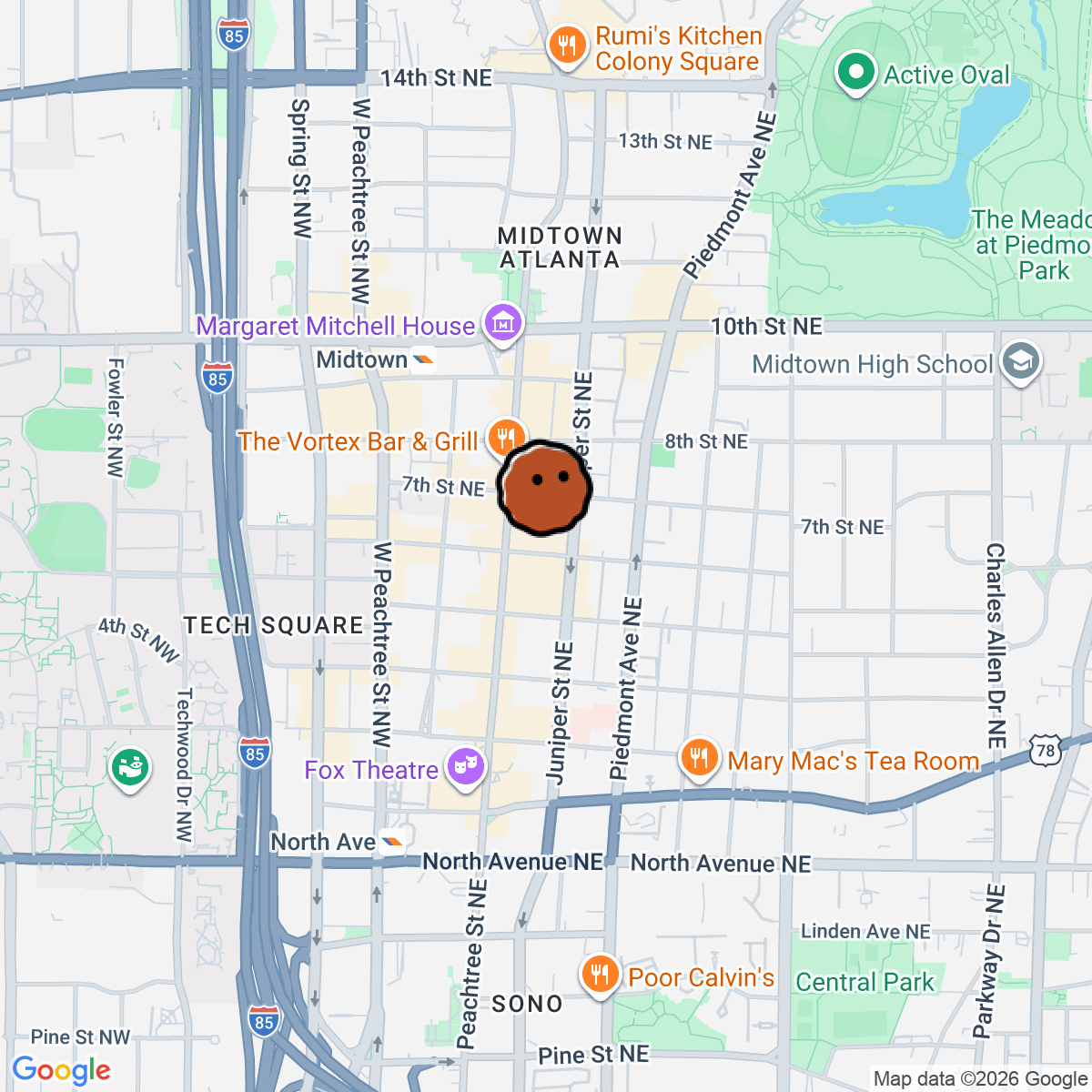 A map showing where Rreal Tacos - Midtown is in Atlanta