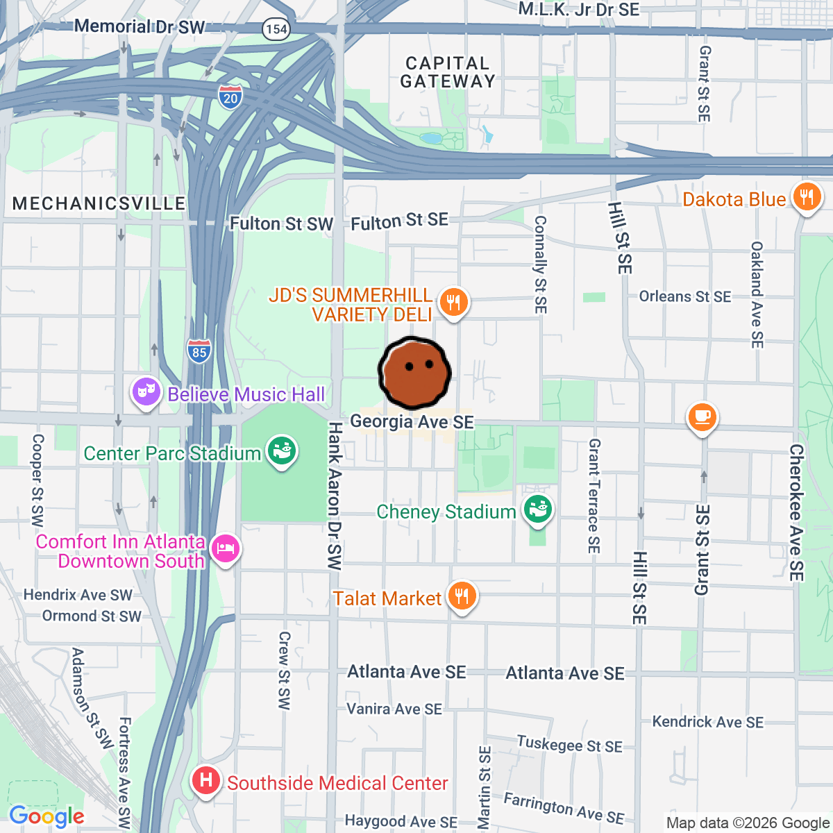 A map showing where Southern National is in Atlanta