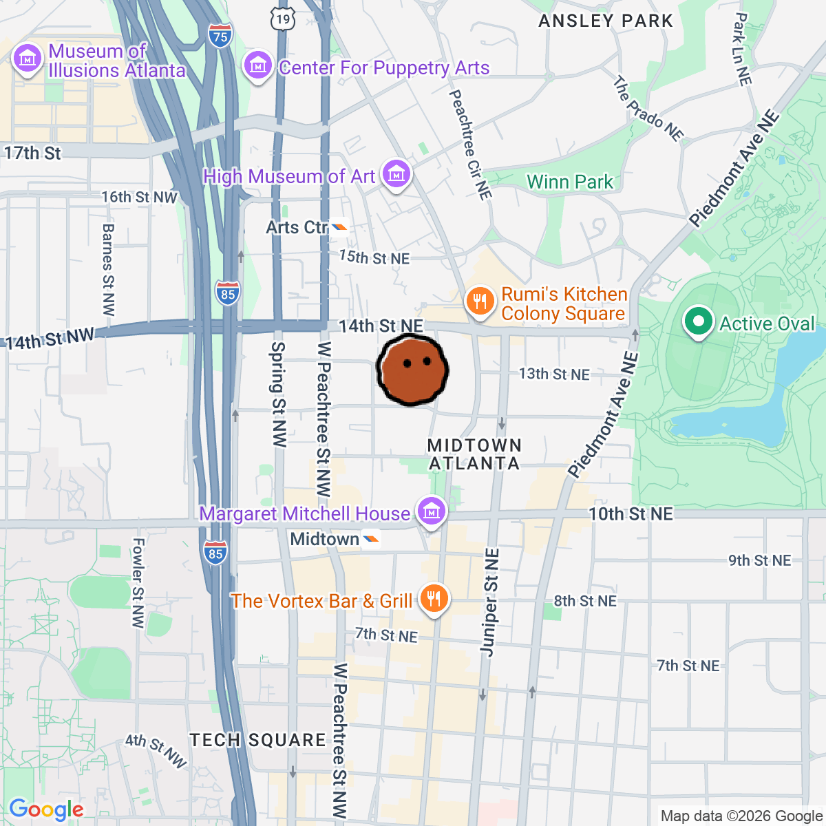 A map showing where The Blind Pig Pop-Up is in Atlanta