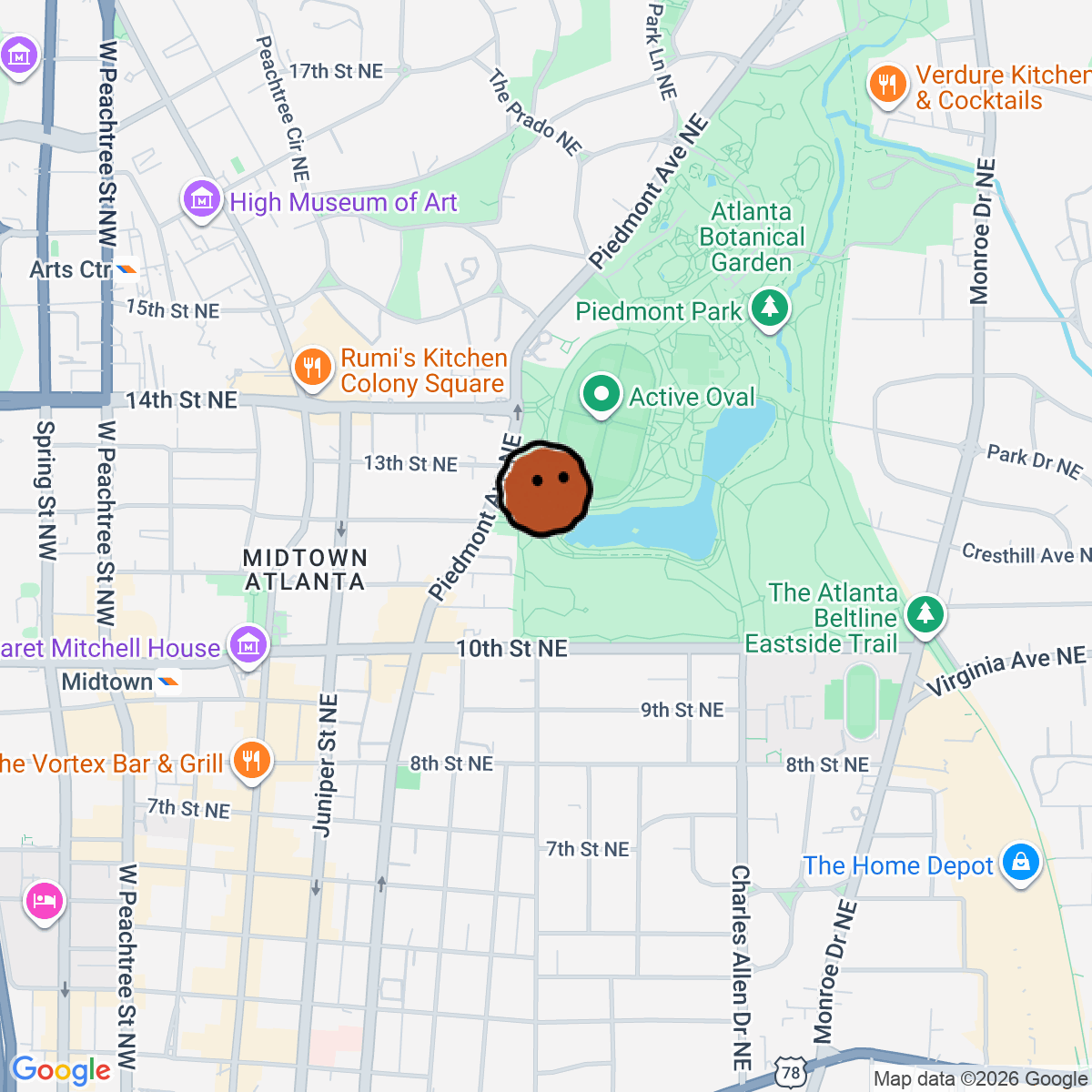 A map showing where The Green Market at Piedmont Park is in Atlanta