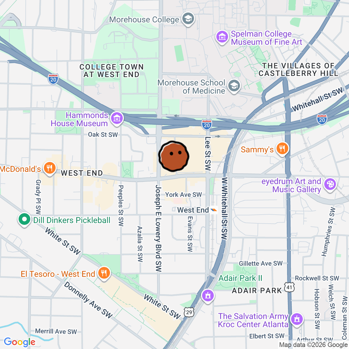 A map showing where The New Soul Veg Restaurant & Cafe' is in Atlanta