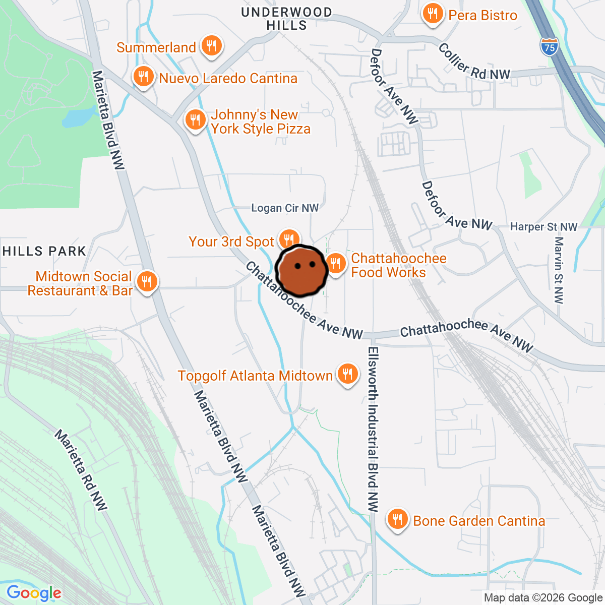 A map showing where The Works Upper Westside Atlanta is in Atlanta