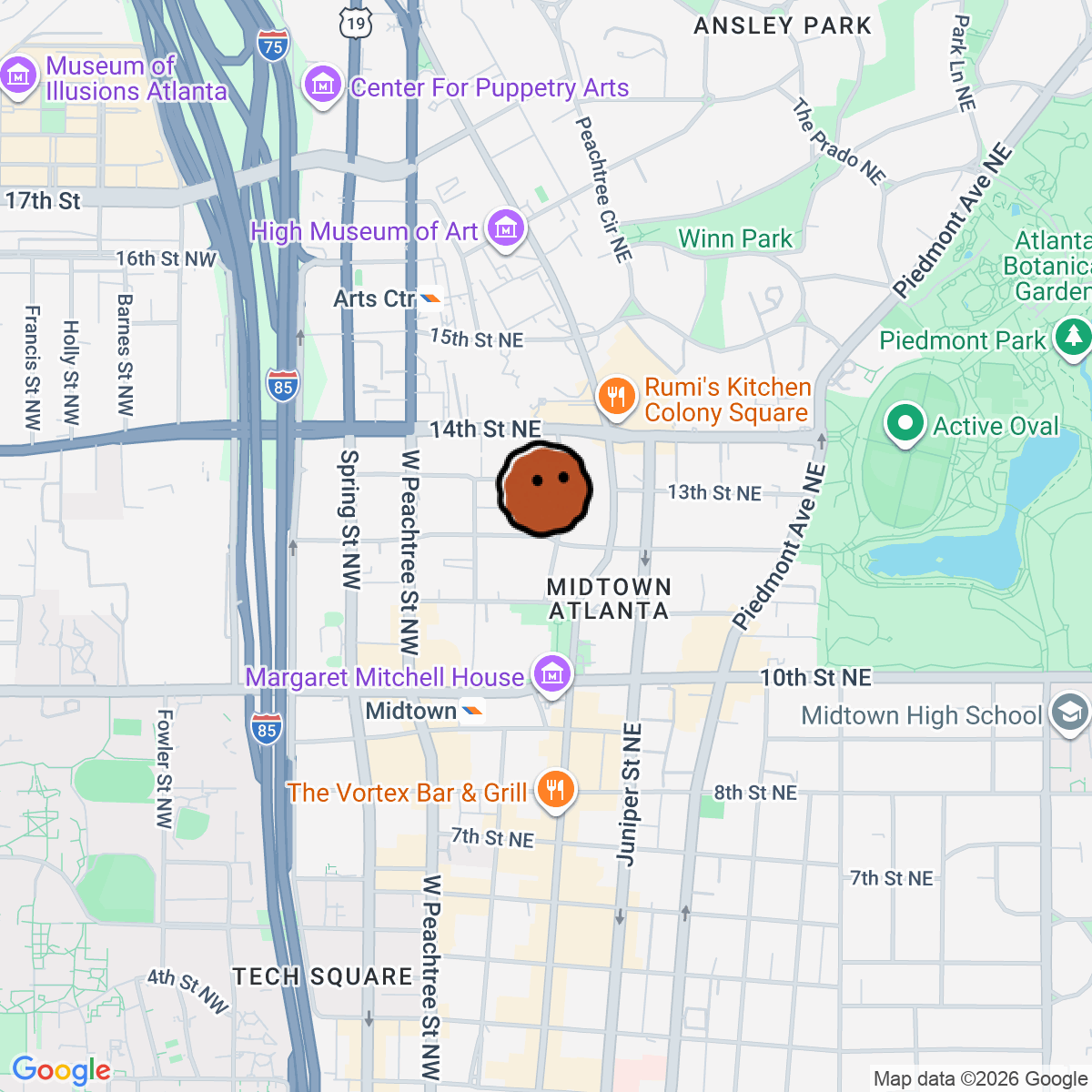 A map showing where Tin Lizzy's Taco Americana is in Atlanta