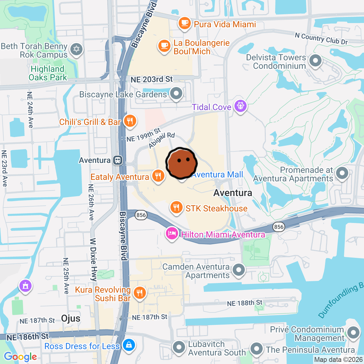 A map showing where Aventura Mall is in Aventura