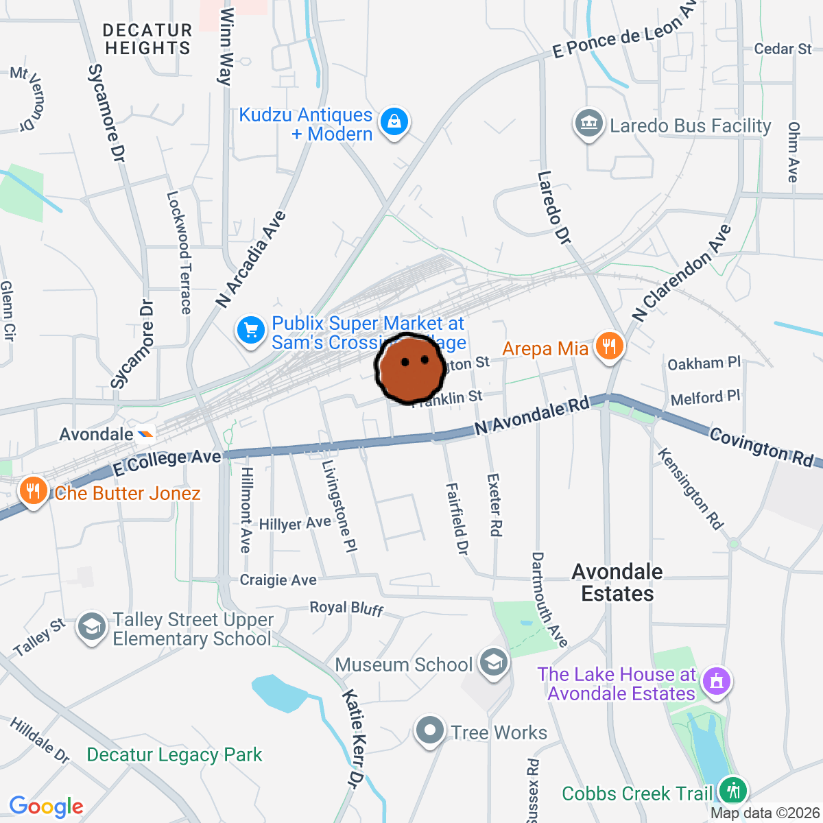 A map showing where Commune is in Avondale Estates