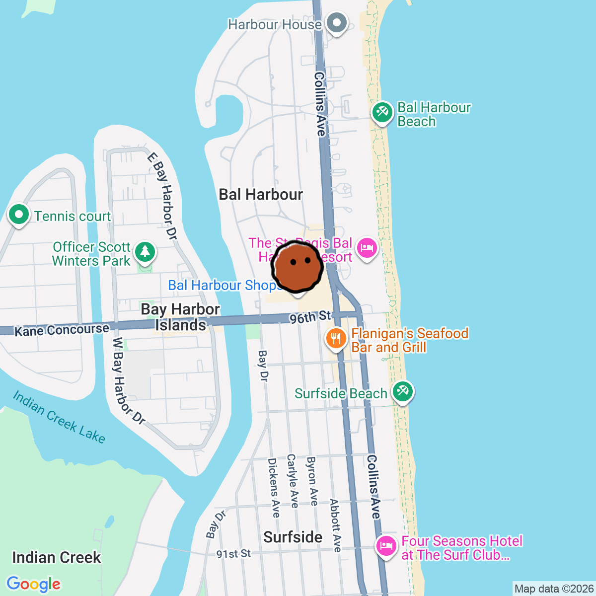 A map showing where Bal Harbour Shops is in Bal Harbour