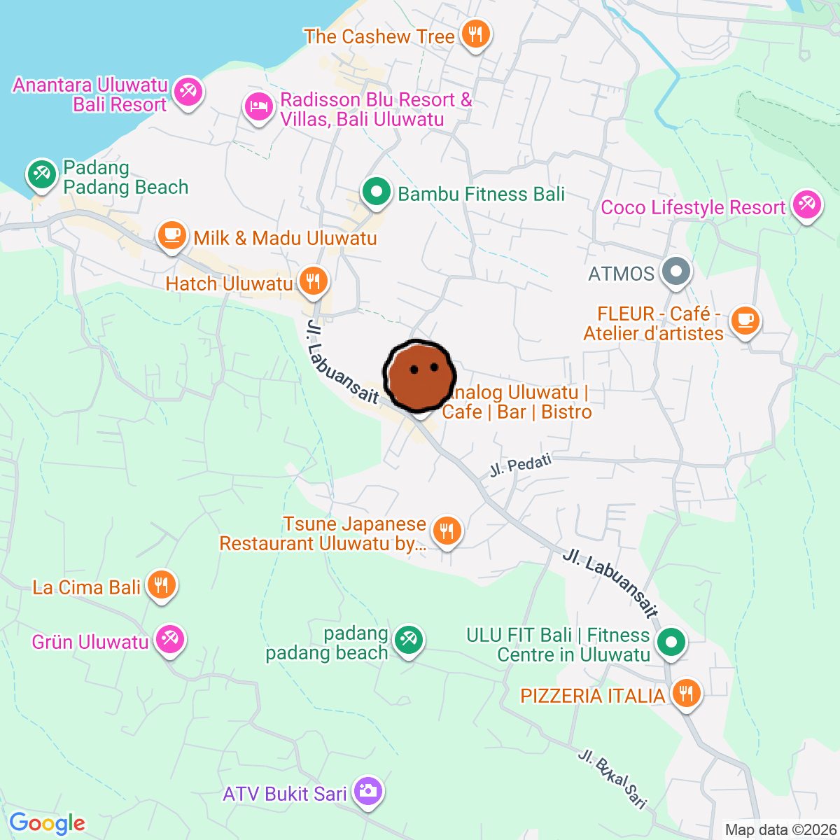 A map showing where Analog Uluwatu | Cafe | Bar | Bistro is in Bali
