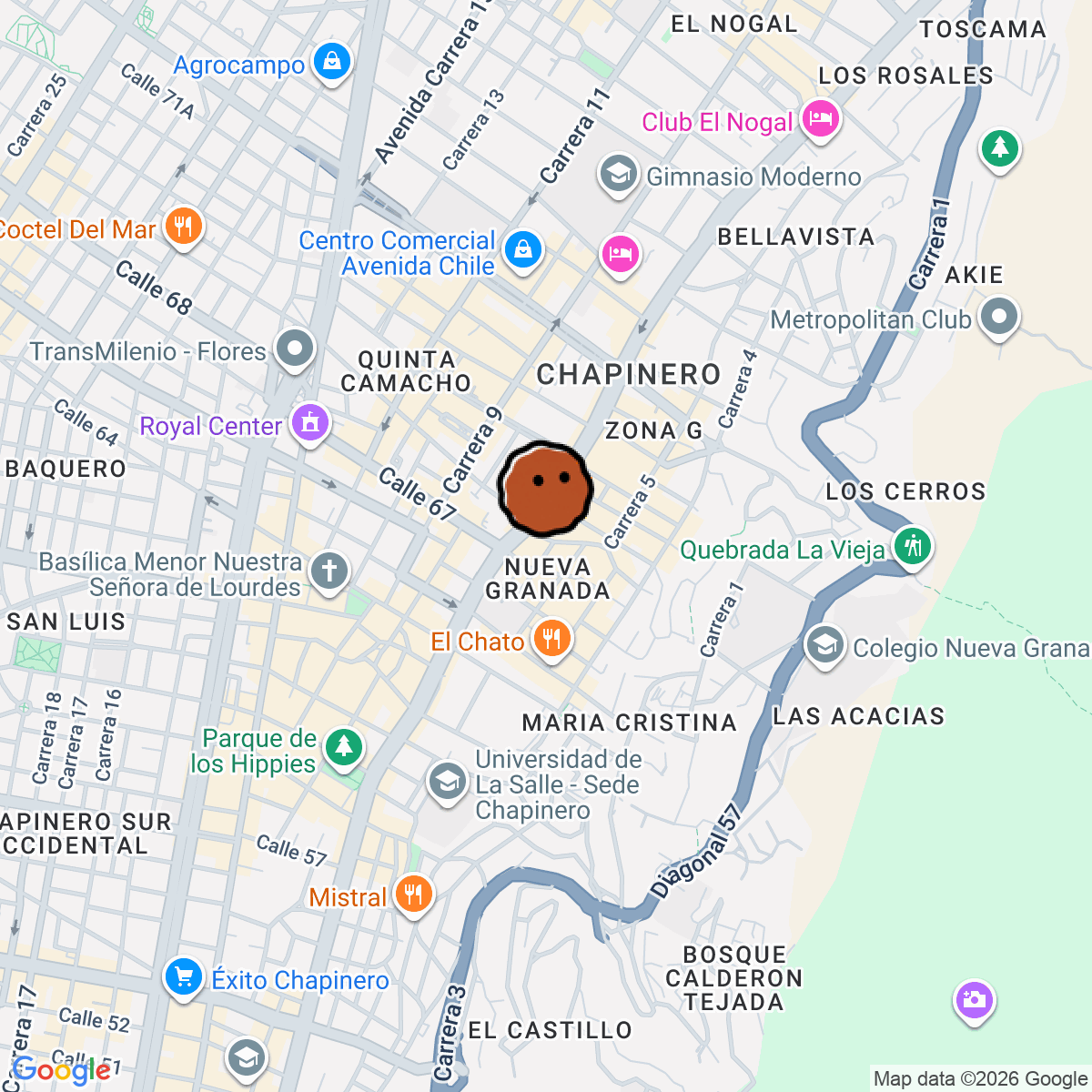 A map showing where Paradisco Bar de Escucha is in Bogotá