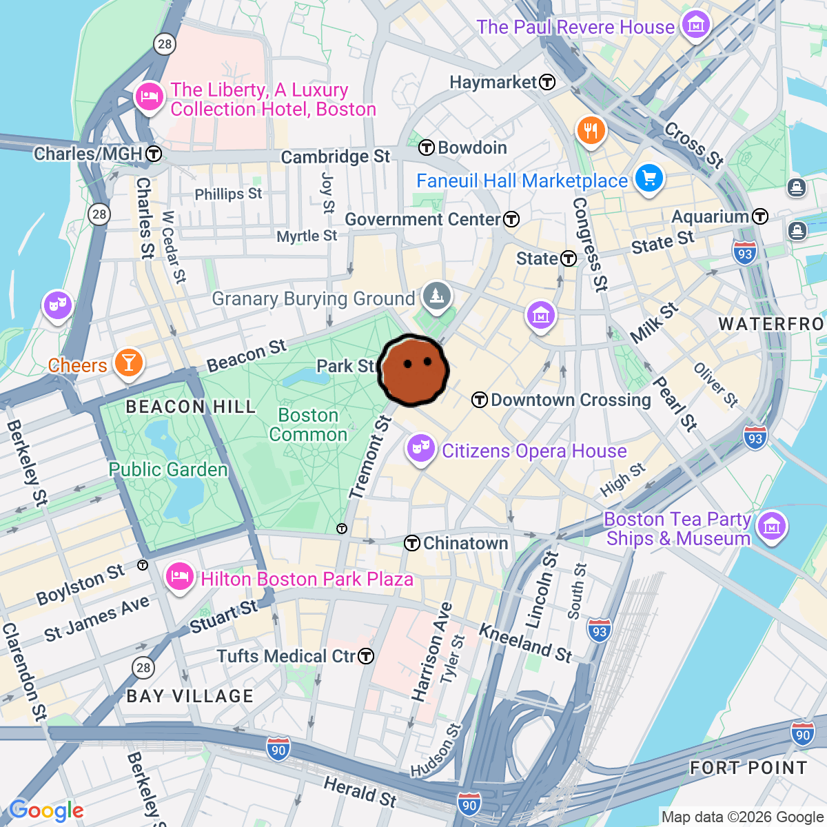 A map showing where Temple Records is in Boston