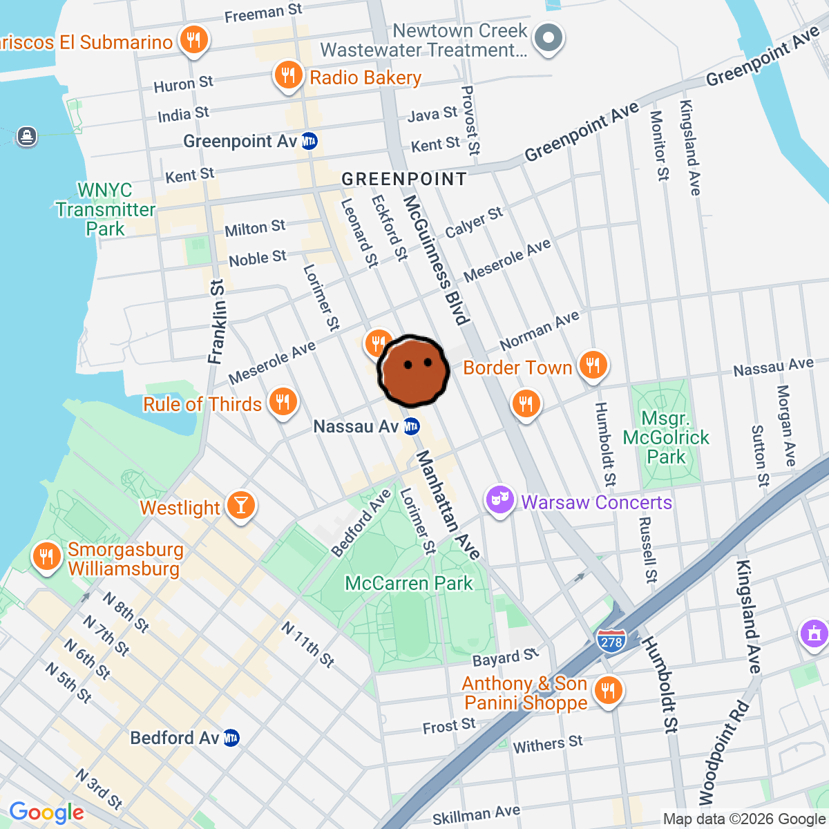 A map showing where Eavesdrop is in Brooklyn