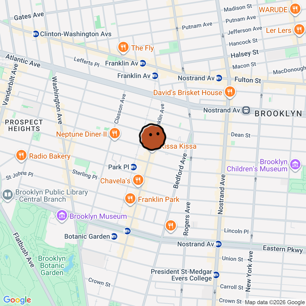 A map showing where Kissa Kissa is in Brooklyn