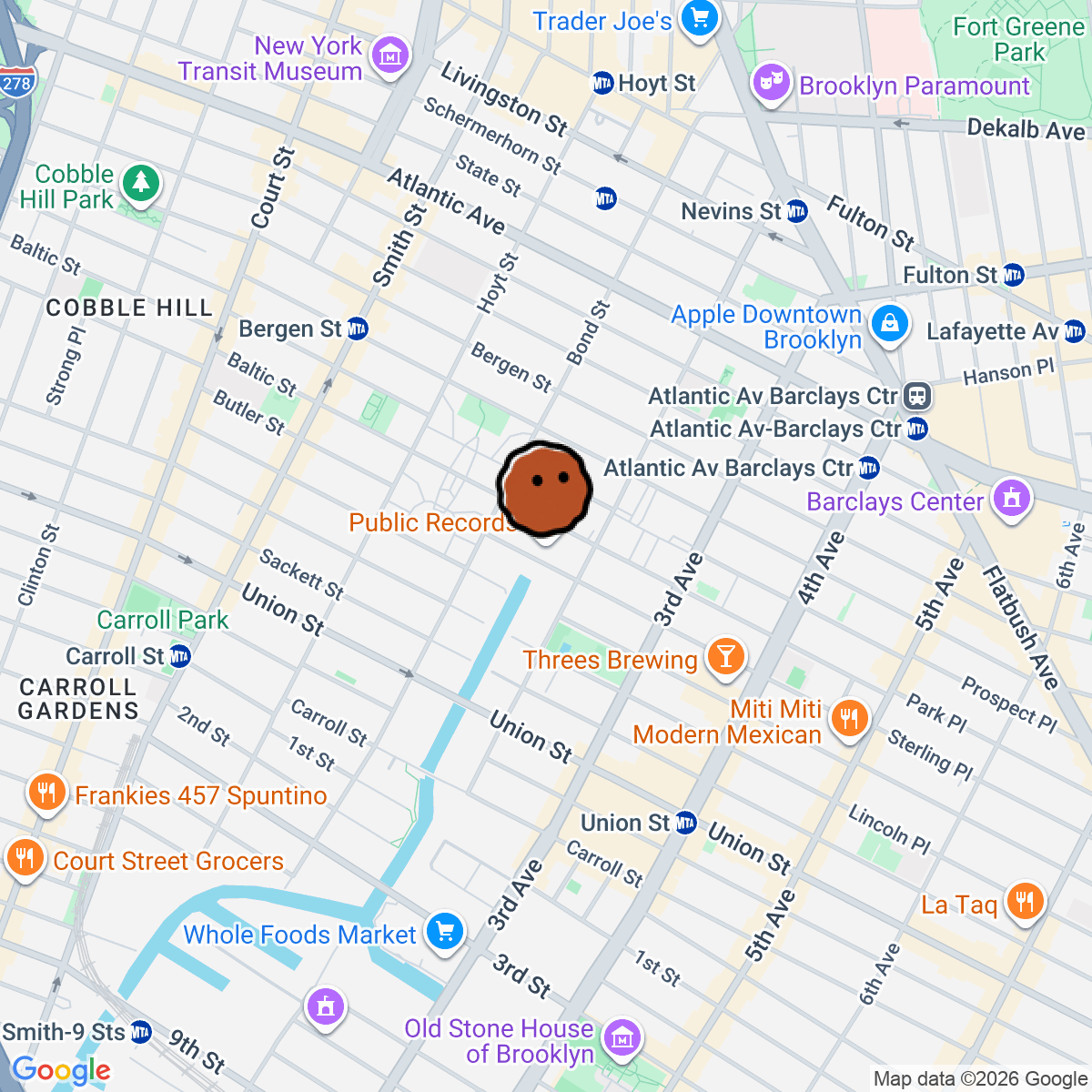 A map showing where Public Records is in Brooklyn