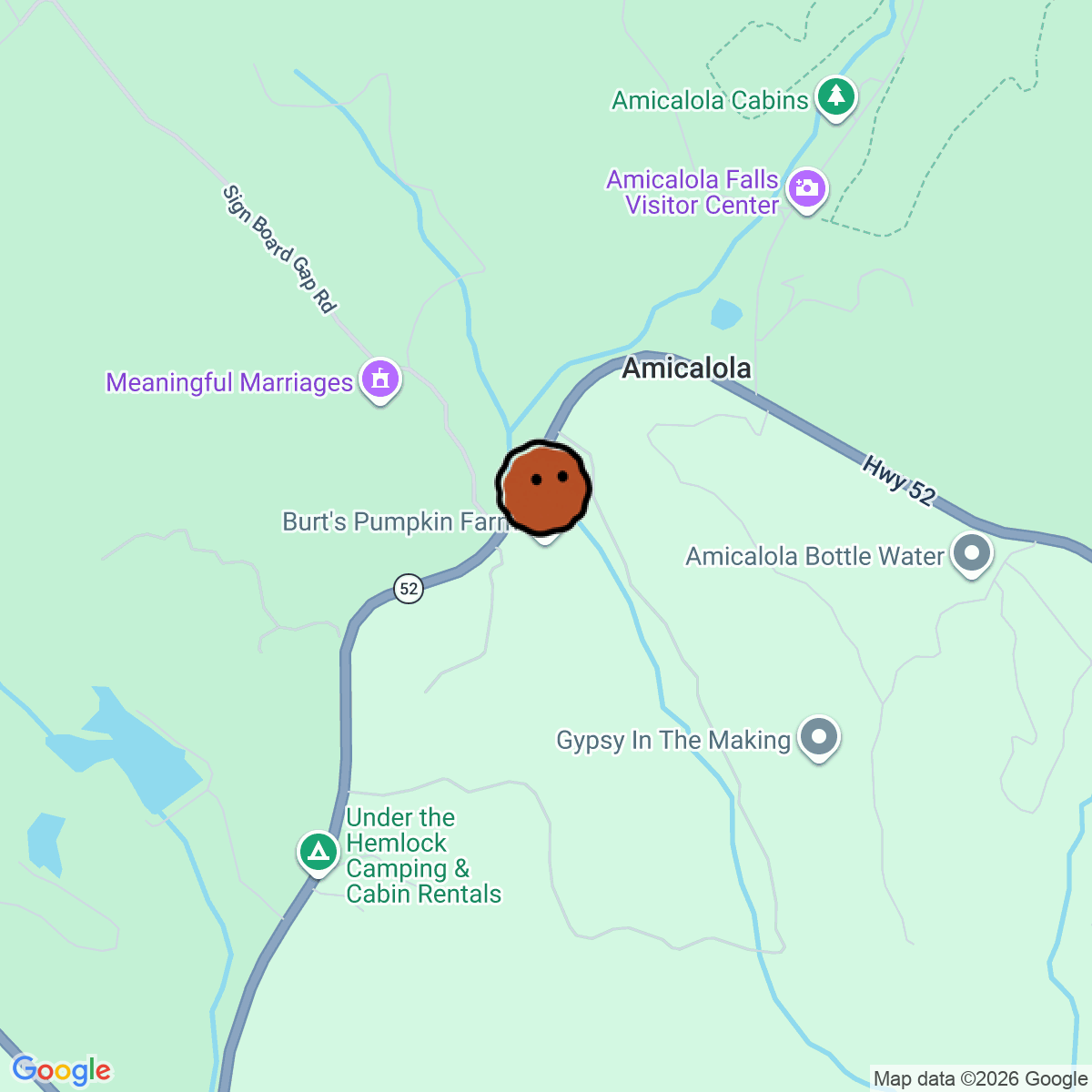 A map showing where Burt's Pumpkin Farm is in Dawsonville