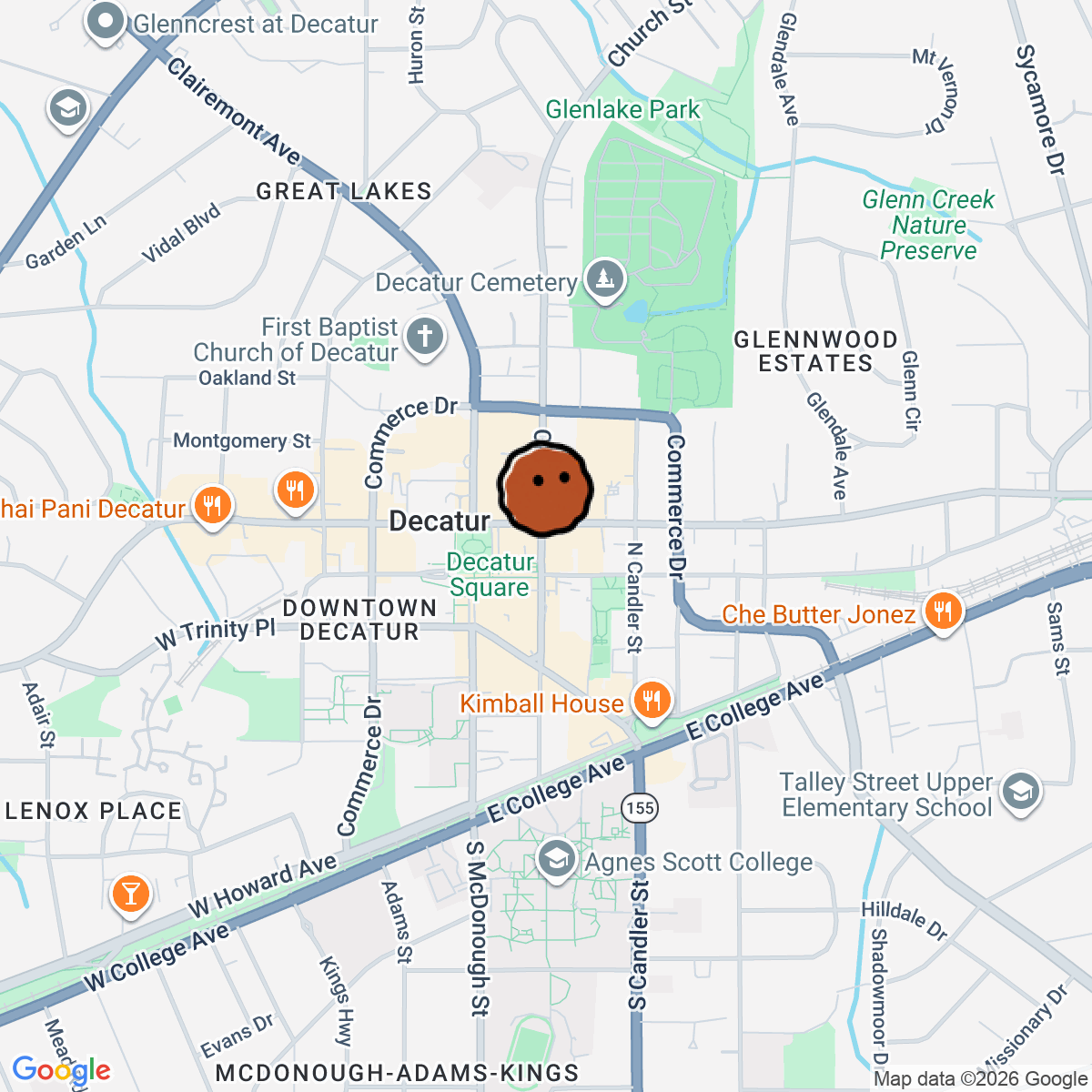 A map showing where The Reading Room is in Decatur