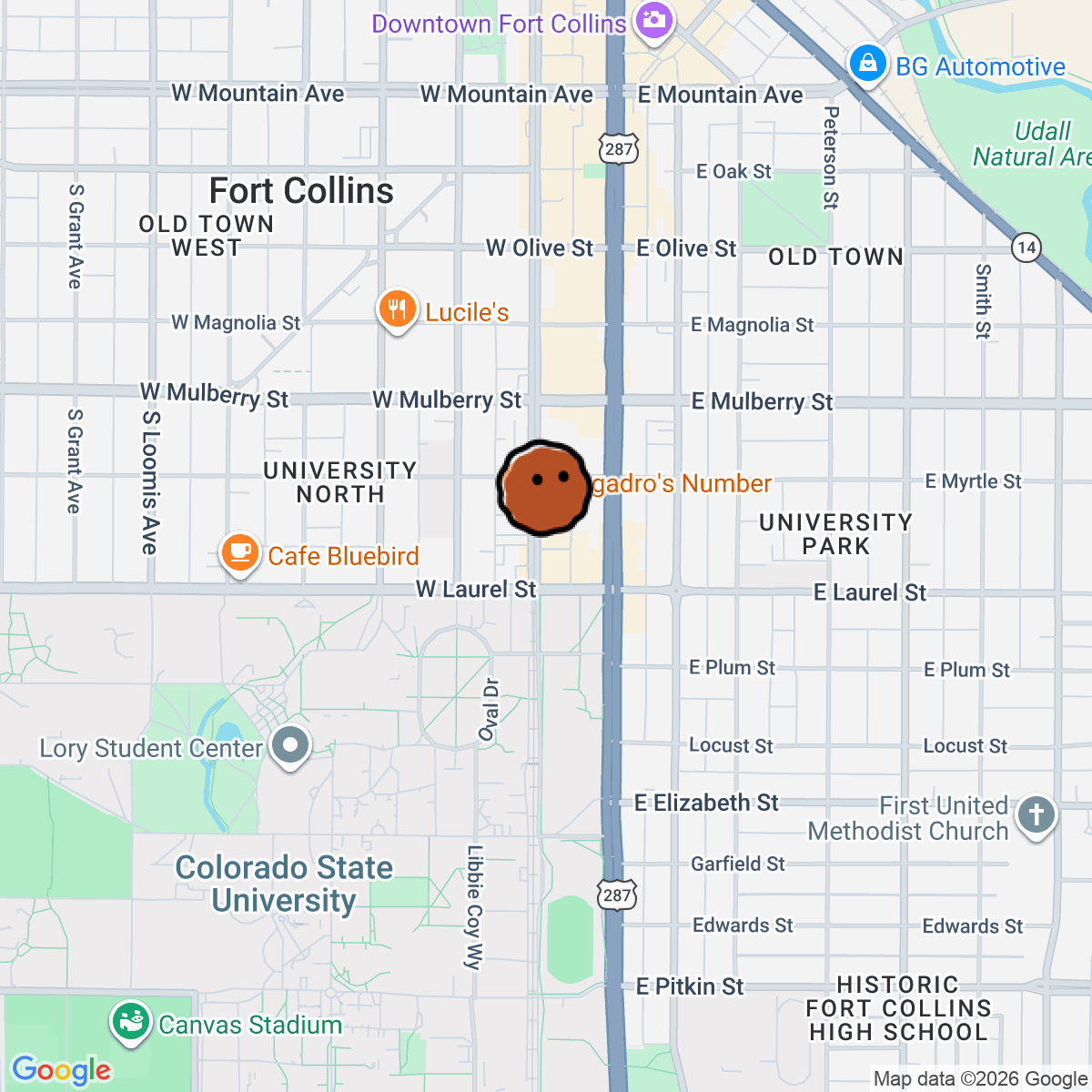 A map showing where The Mayor of Old Town is in Fort Collins