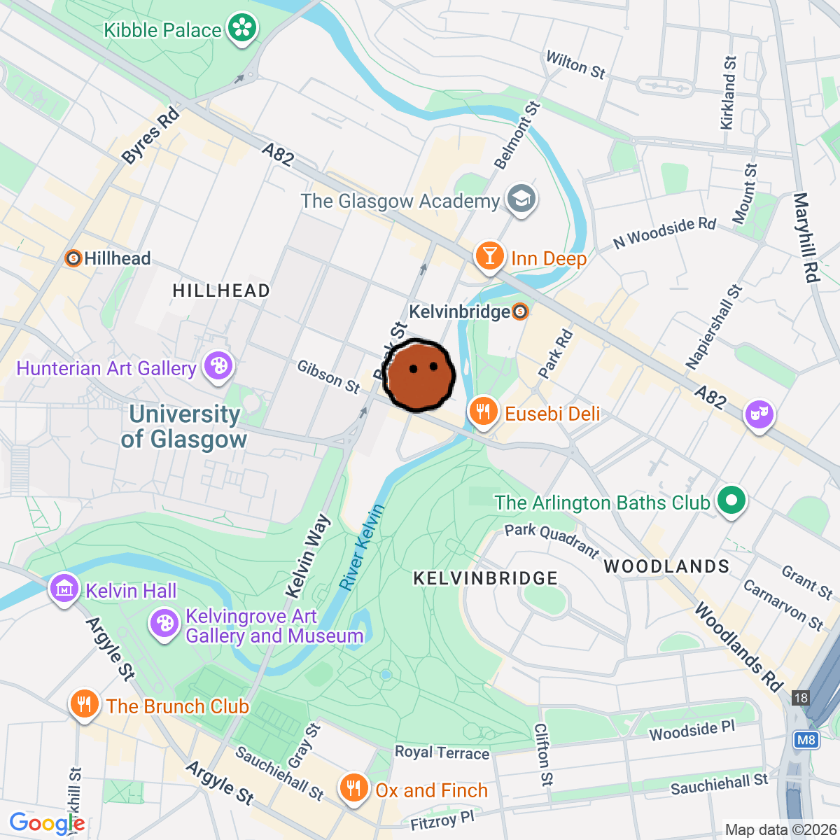 A map showing where The Left Bank is in Glasgow