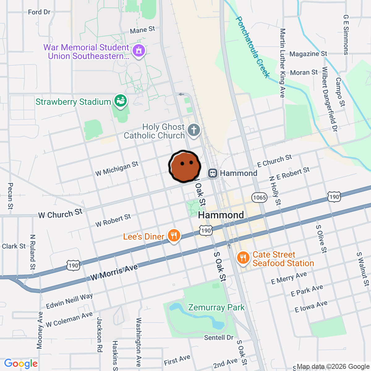 A map showing where Hammond, Louisiana is in Hammond