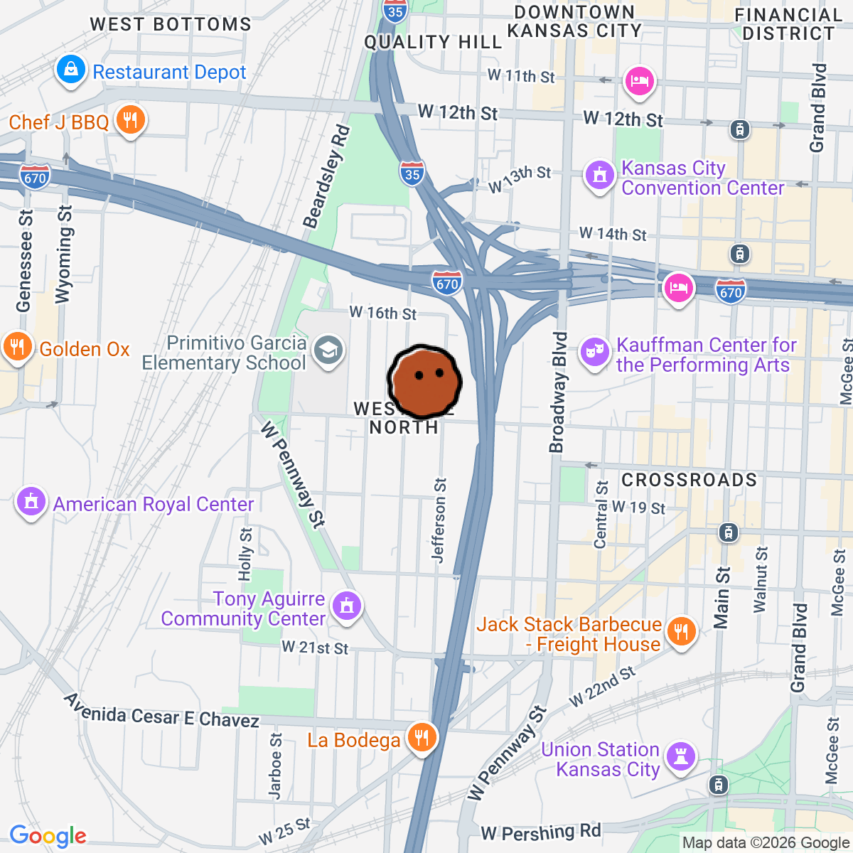 A map showing where xo is in Kansas City