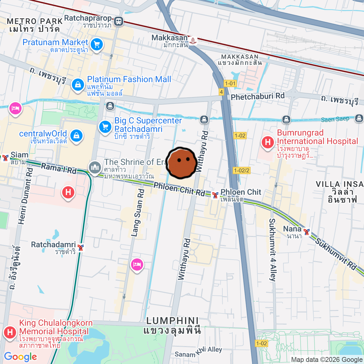 A map showing where Central Embassy is in Krung Thep Maha Nakhon