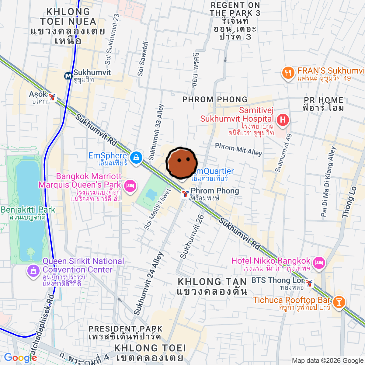 A map showing where EmQuartier is in Krung Thep Maha Nakhon